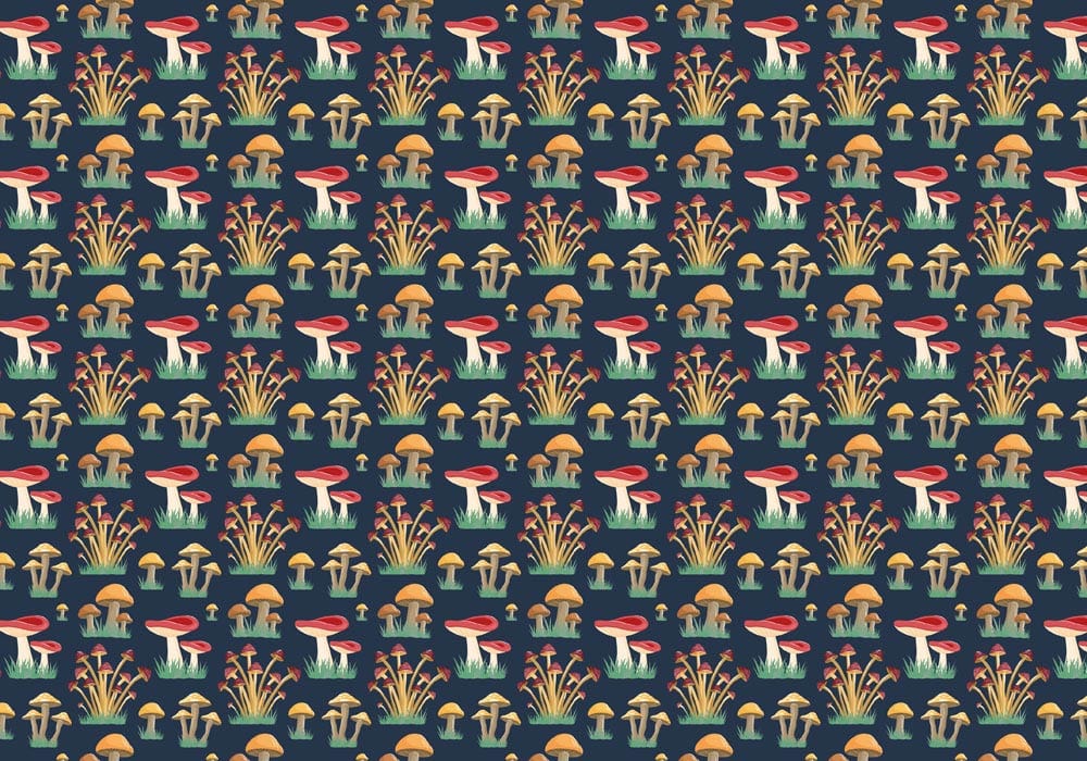 Vintage Dark Woodland Mushroom Pattern Wallpaper - Colourful Retro Design