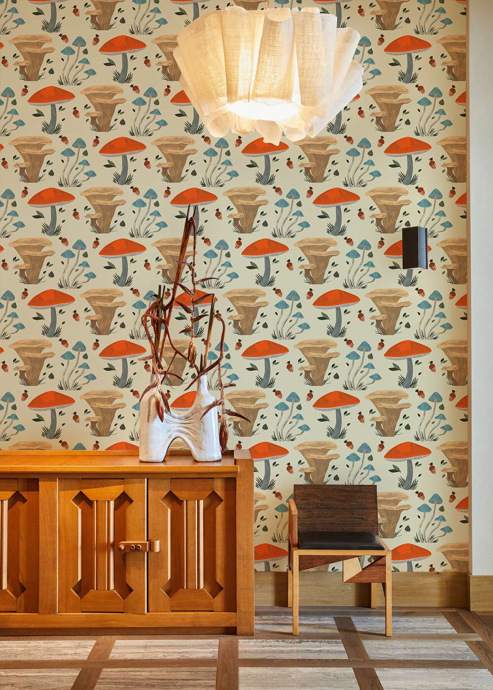 Whimsical Forest Mushroom Pattern Wallpaper in Earthy Tones and Blue ...