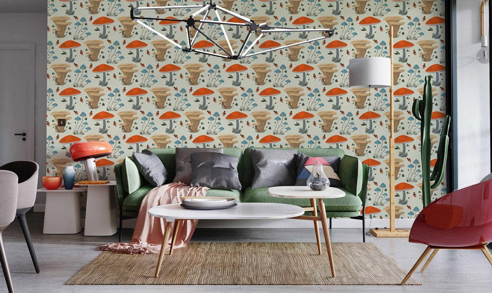 Whimsical Forest Mushroom Pattern Wallpaper in Earthy Tones and Blue ...