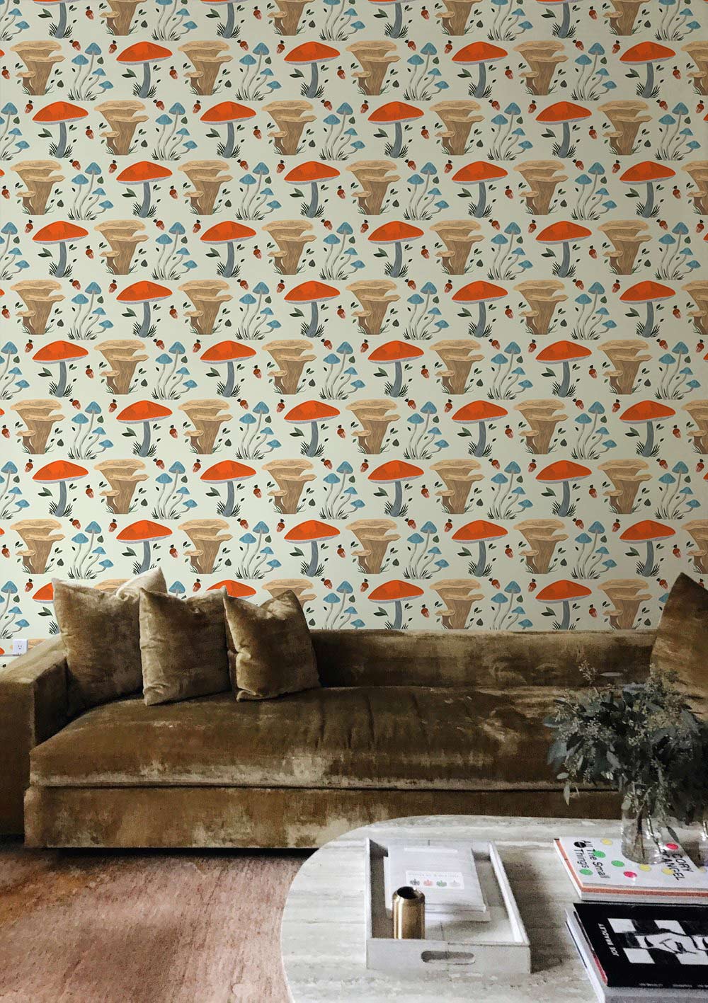 Whimsical Forest Mushroom Pattern Wallpaper in Earthy Tones and Blue ...