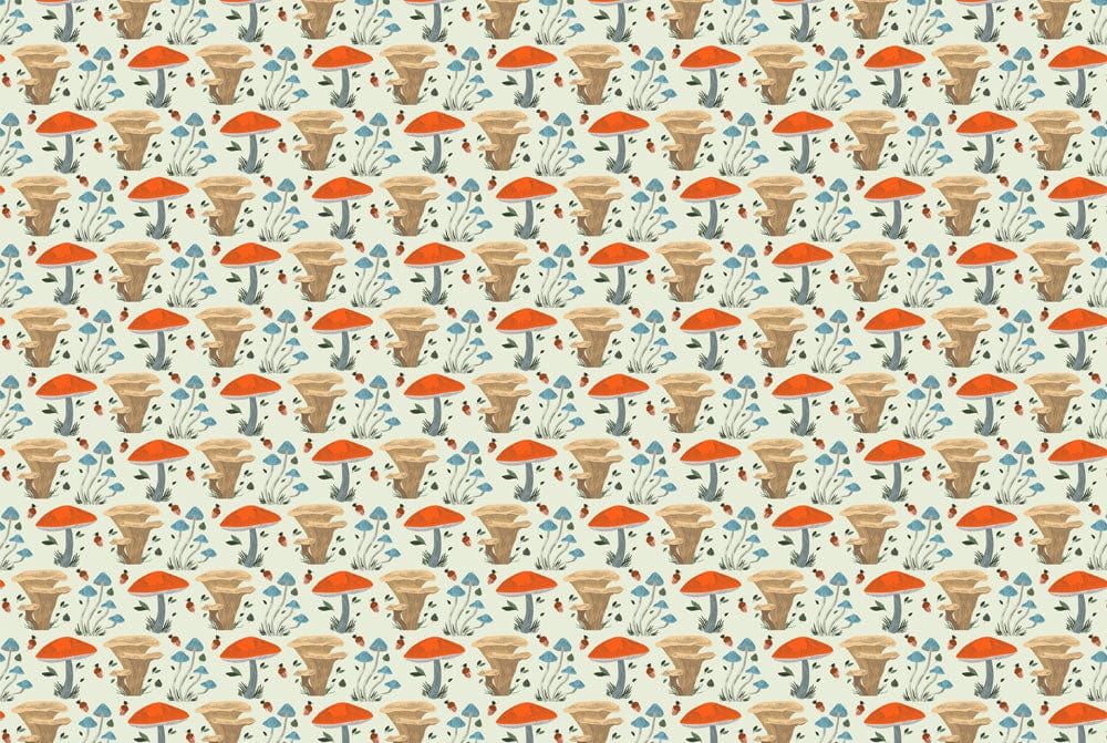 Whimsical Forest Mushroom Pattern Wallpaper in Earthy Tones and Blue Accents