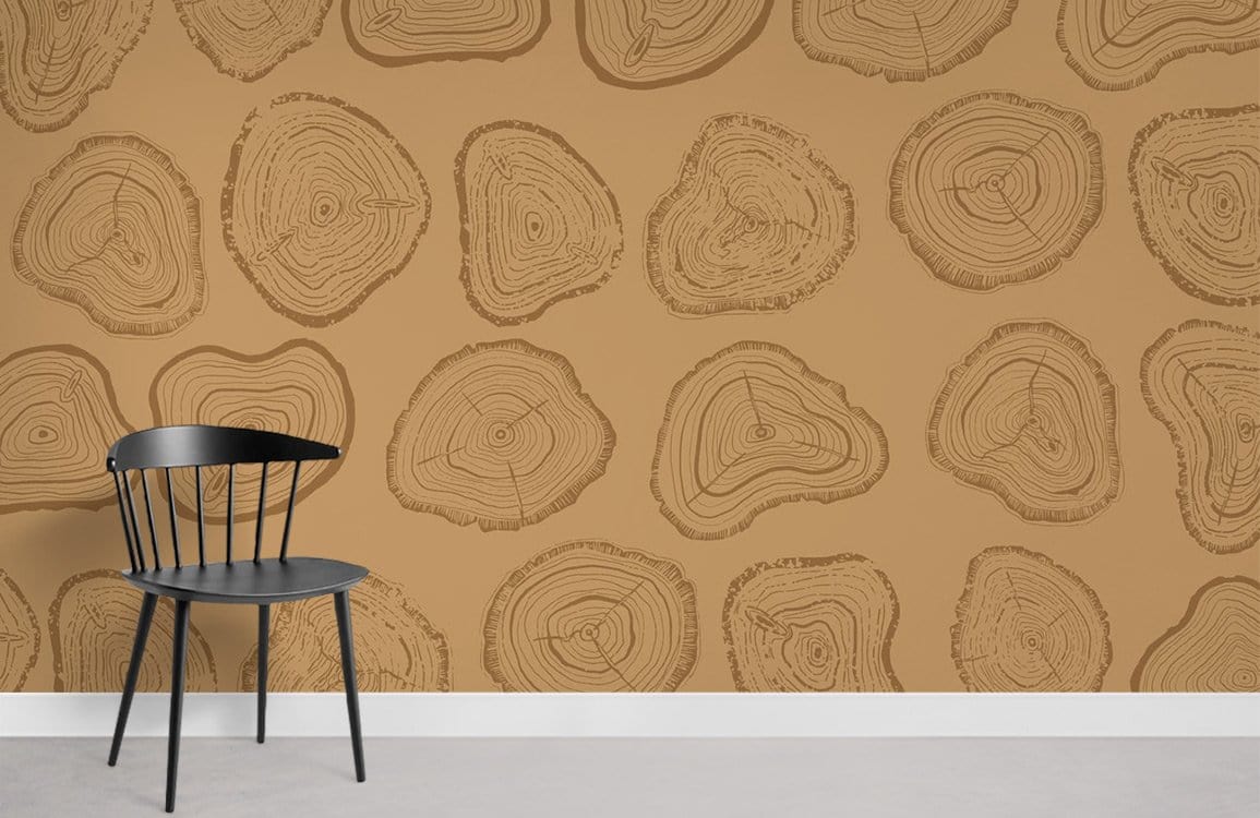 Eco-Chic brown timber wallpaper, black chair, modern interior with grey flooring, timber design pattern.