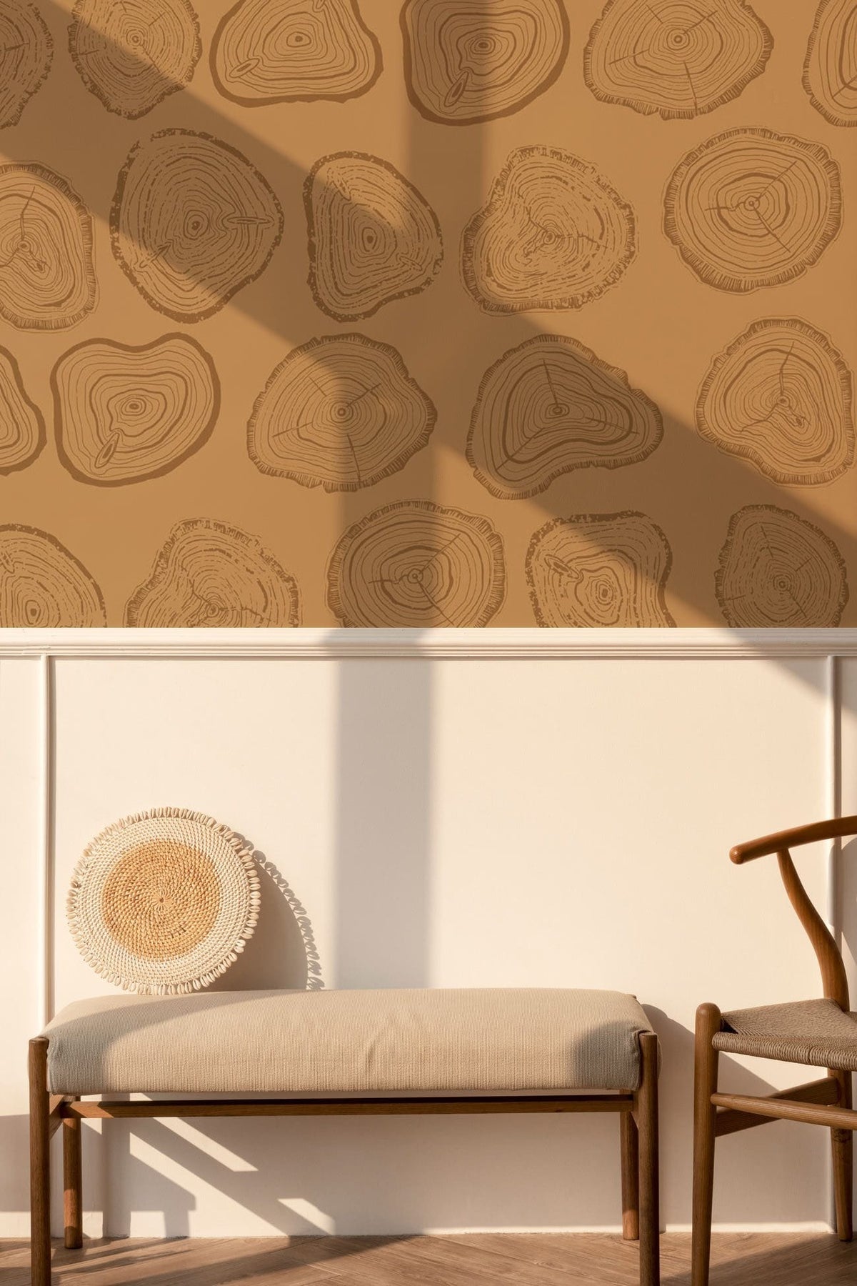 Eco-Chic Timber Woodgrain Wallpaper in modern room with white wainscoting, beige bench, wooden chair.