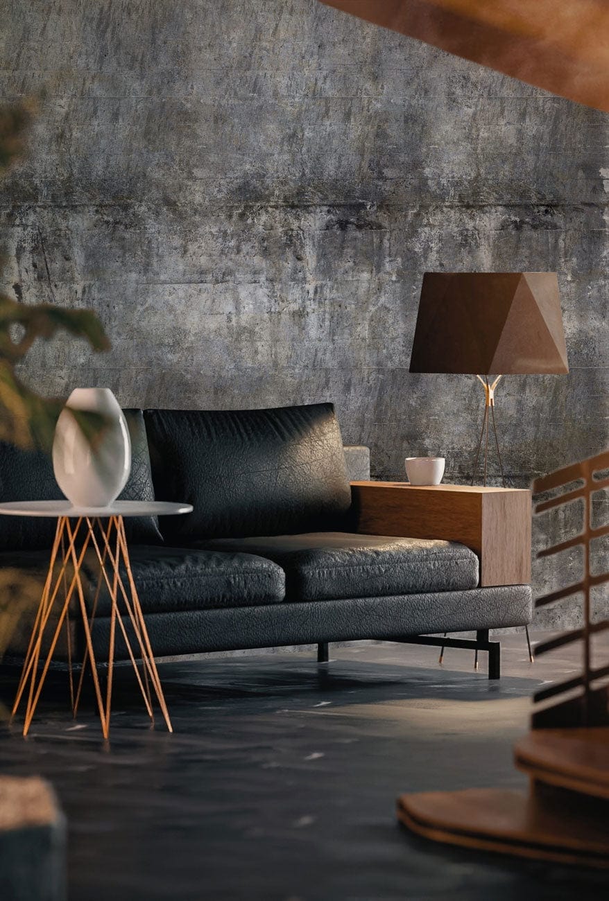 Industrial Chic Concrete Wall Mural in modern living room with grey sofa, stylish lamp, and dark flooring.
