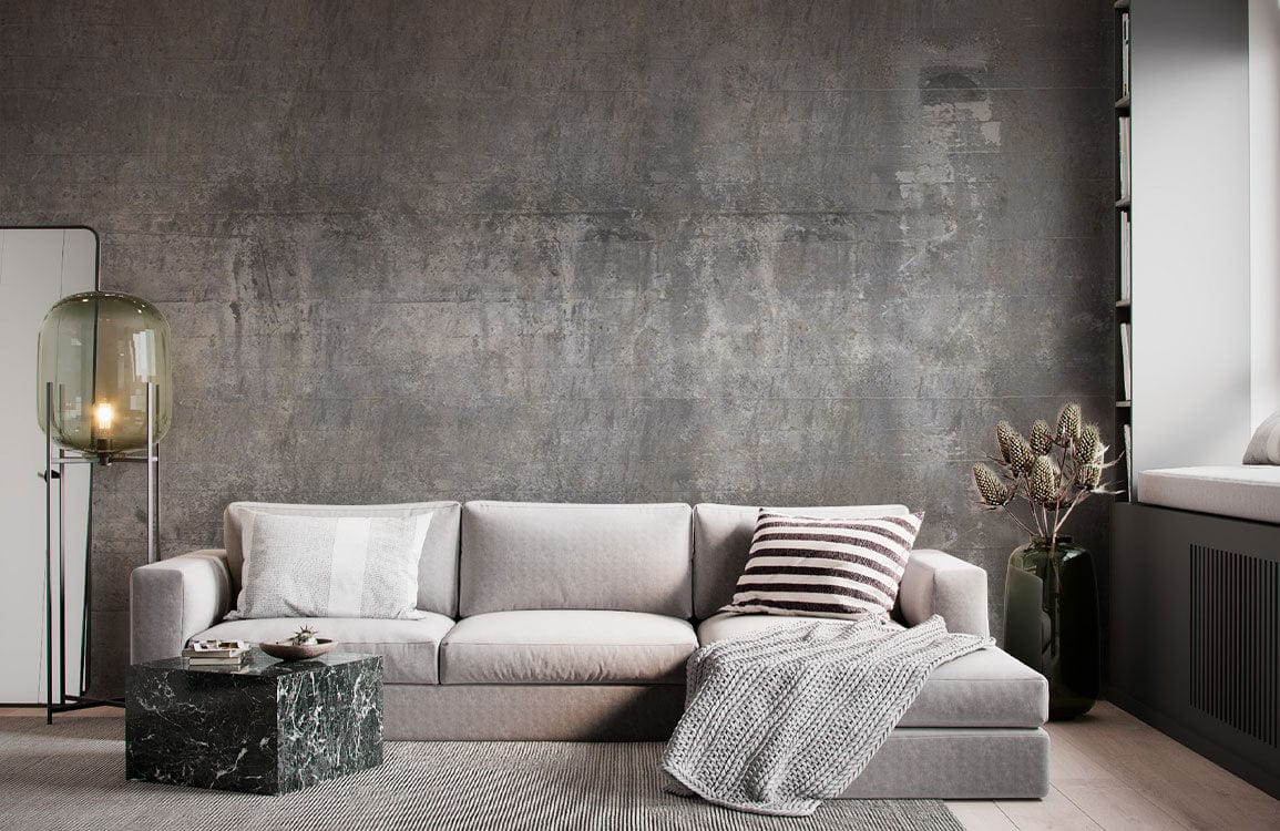 Industrial Chic Distressed Wall Mural in modern living room with grey sofa, marble table, wood flooring.