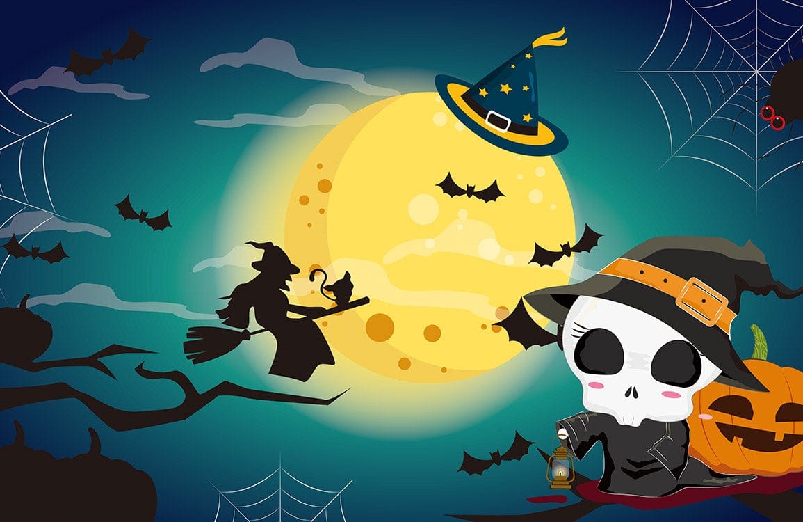 Spooky Halloween Night Mural Wallpaper: Dark Witchy Charm and Moonlit Bats