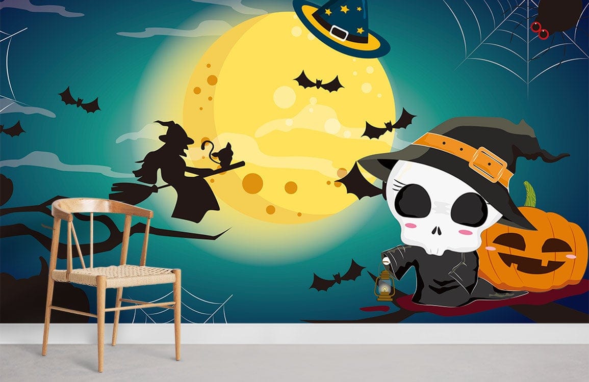 Spooky Halloween Night mural with witch, moonlit bats; wooden chair on grey flooring, wall decor.