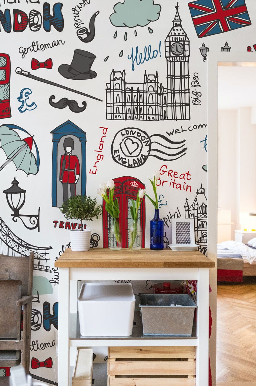 Charming London Motifs Wallpaper with vibrant decor in modern kitchen; wood flooring adds warmth.
