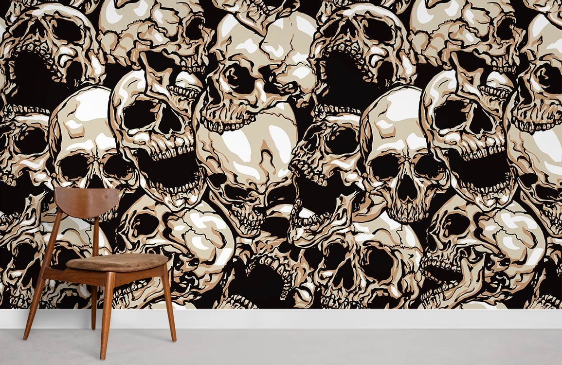 Gothic skull wallpaper featuring brown and black design, wooden chair, white skirting, grey flooring.
