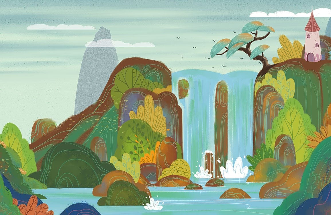 Enchanting Waterfall Landscape Mural Wallpaper with Lush Greenery and Fairytale Touch.