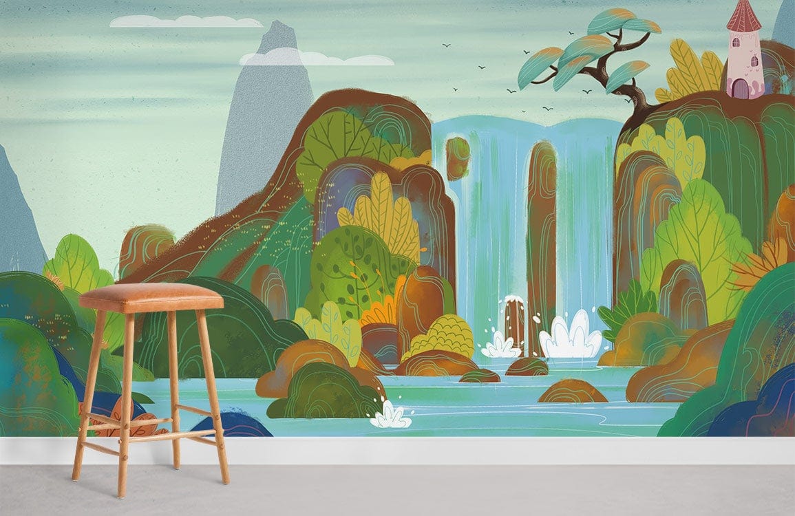 Enchanting Waterfall Landscape Mural: Lush greenery, whimsical touch, neutral flooring, featuring wooden stool.