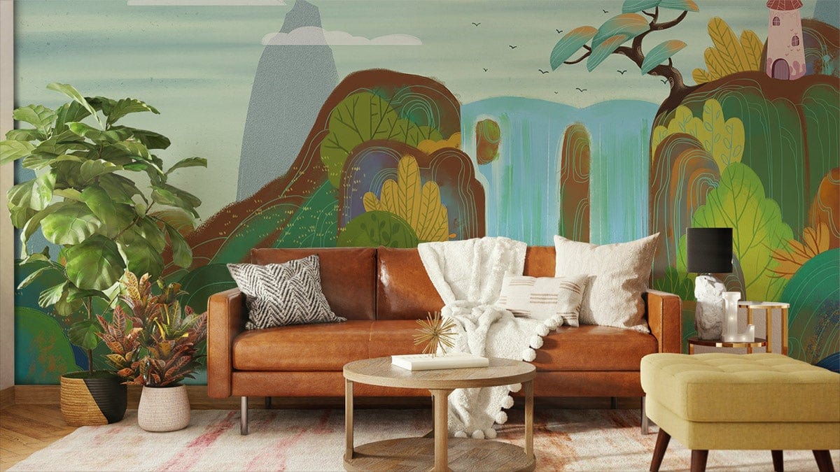 Brown leather sofa, colourful mural, light wood flooring, yellow ottoman, lush greenery, cosy living room.