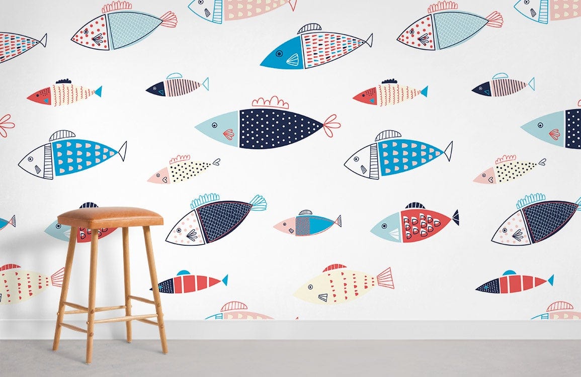 Playful multicoloured fish wallpaper with wooden stool, perfect for nautical-themed children's room decor.
