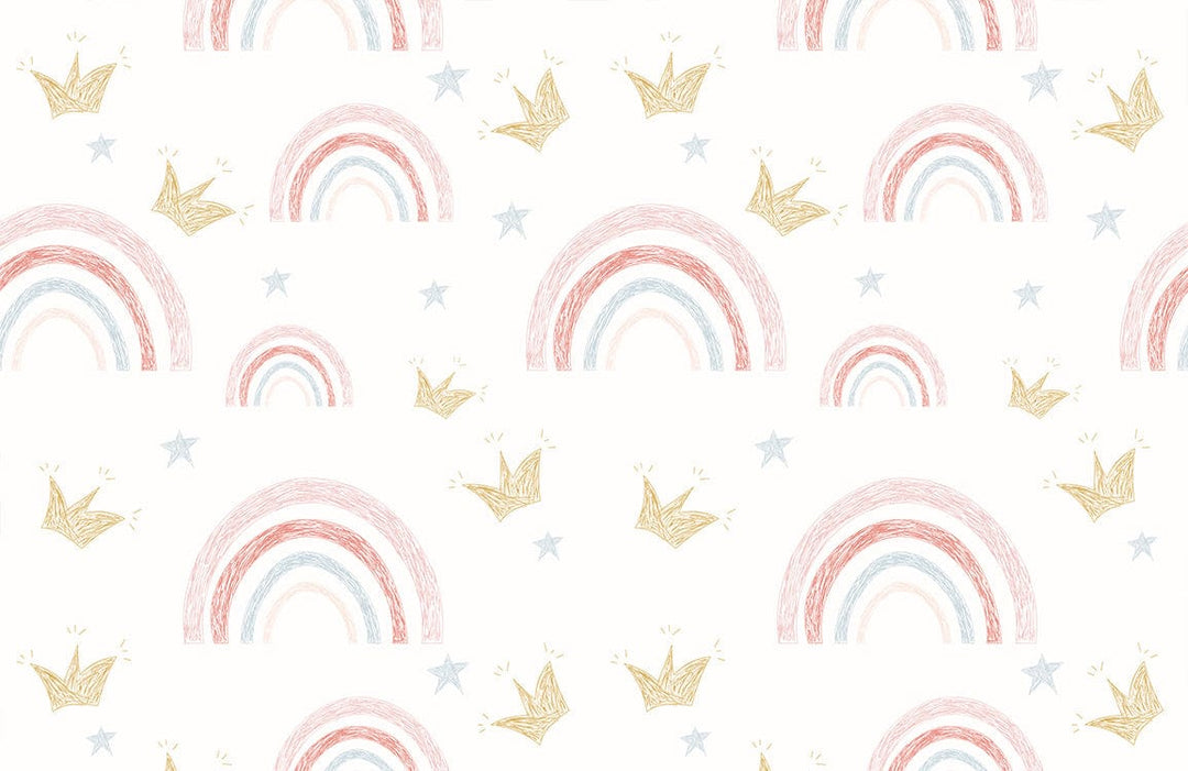 Whimsical Pastel Rainbow and Gold Crown Kids' Room Wallpaper Design.