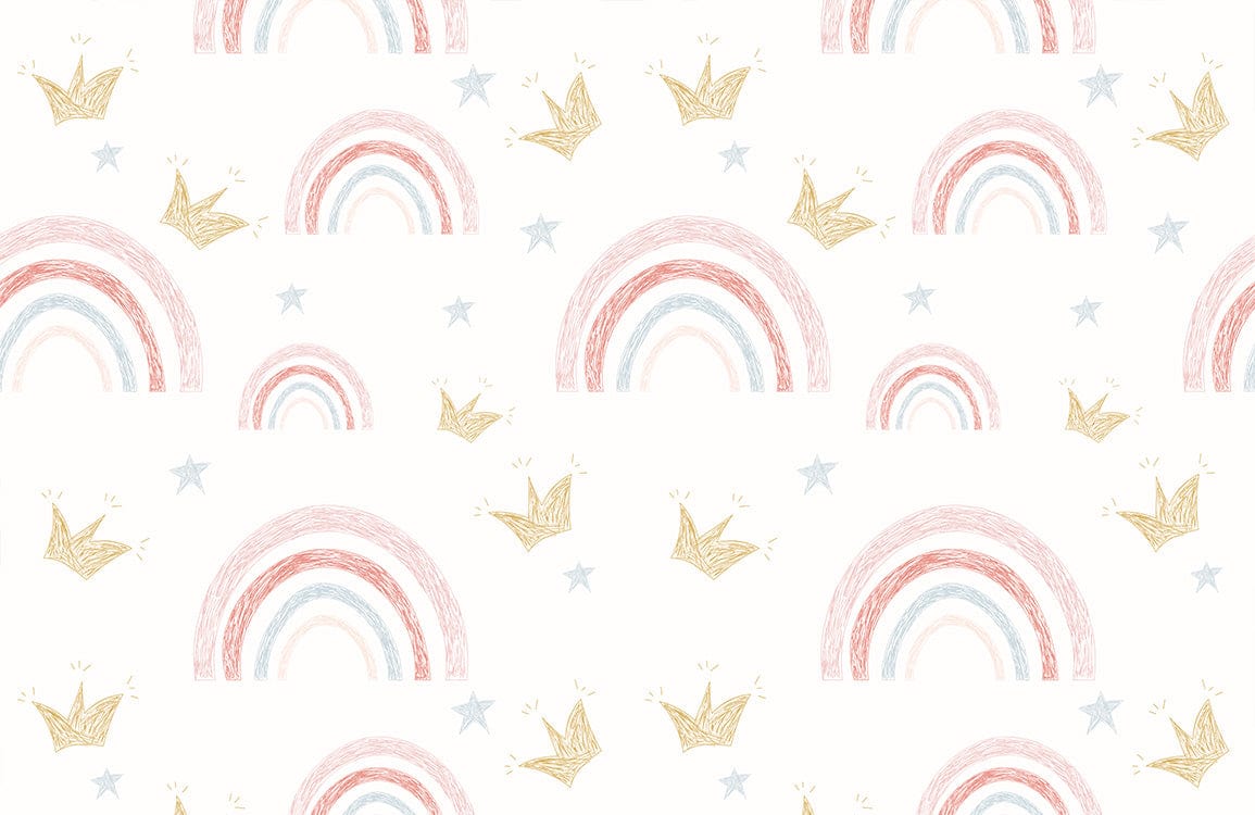 Whimsical Pastel Rainbow and Gold Crown Kids' Room Wallpaper Design.