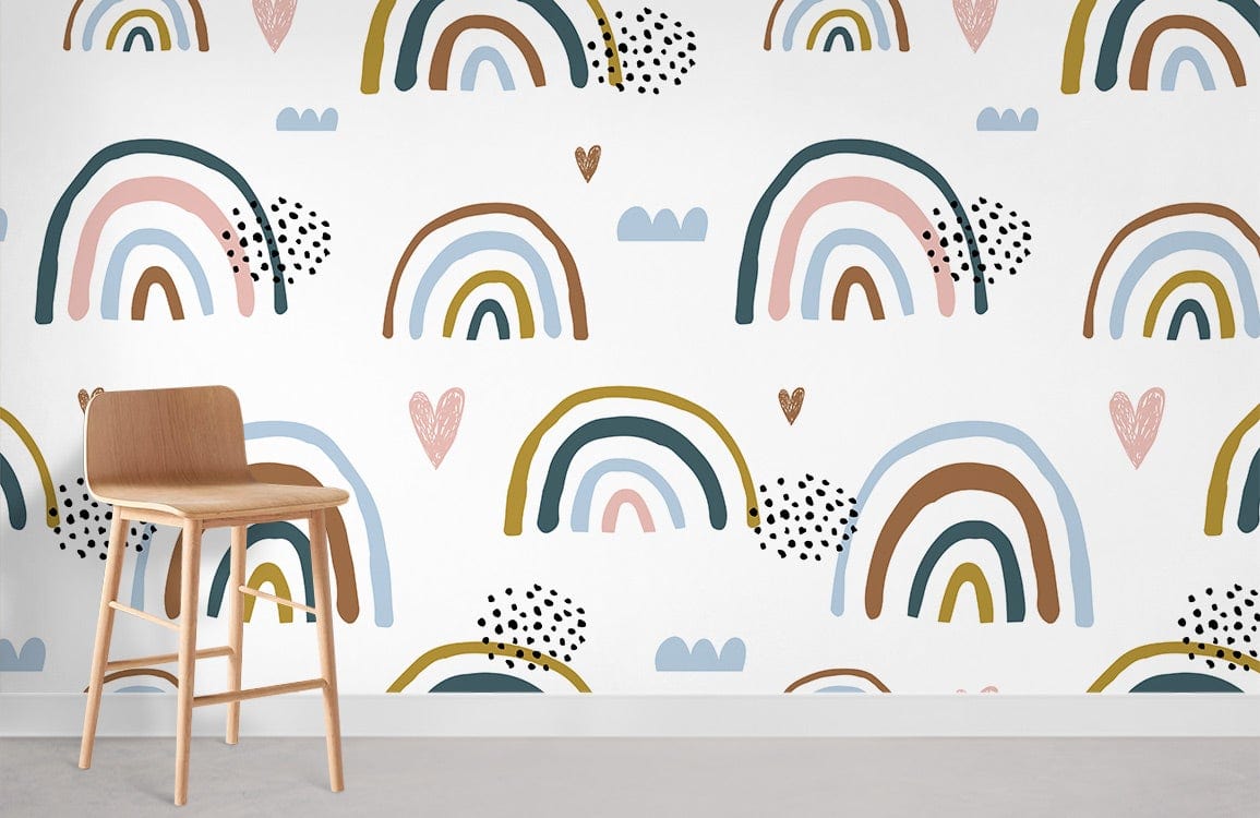 Children's Rainbow Heart Mural Wallpaper in Pastel Bohemian Style, features wooden stool, grey floor.