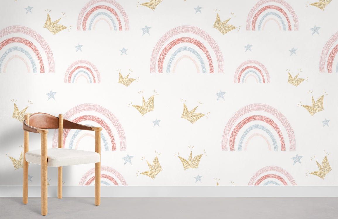 Whimsical Kids' Room Wallpaper: Pastel Rainbow, Gold Crown Design, Wooden Chair, Minimalist Style, Grey Flooring.