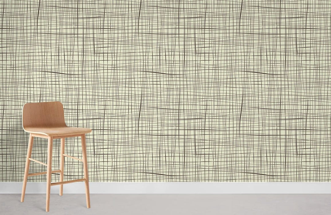 Beige minimalist crosshatch wallpaper, modern neutral decor with wooden chair, light flooring in room setting.