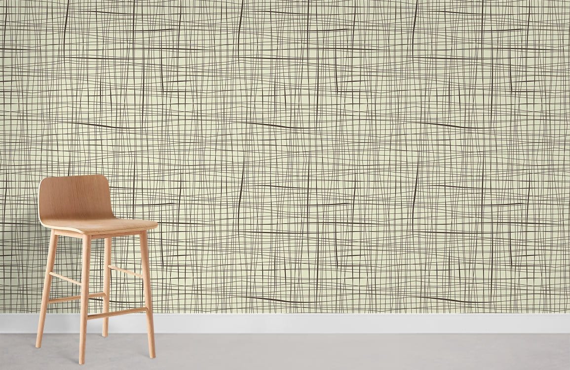 Beige minimalist crosshatch wallpaper, modern neutral decor with wooden chair, light flooring in room setting.