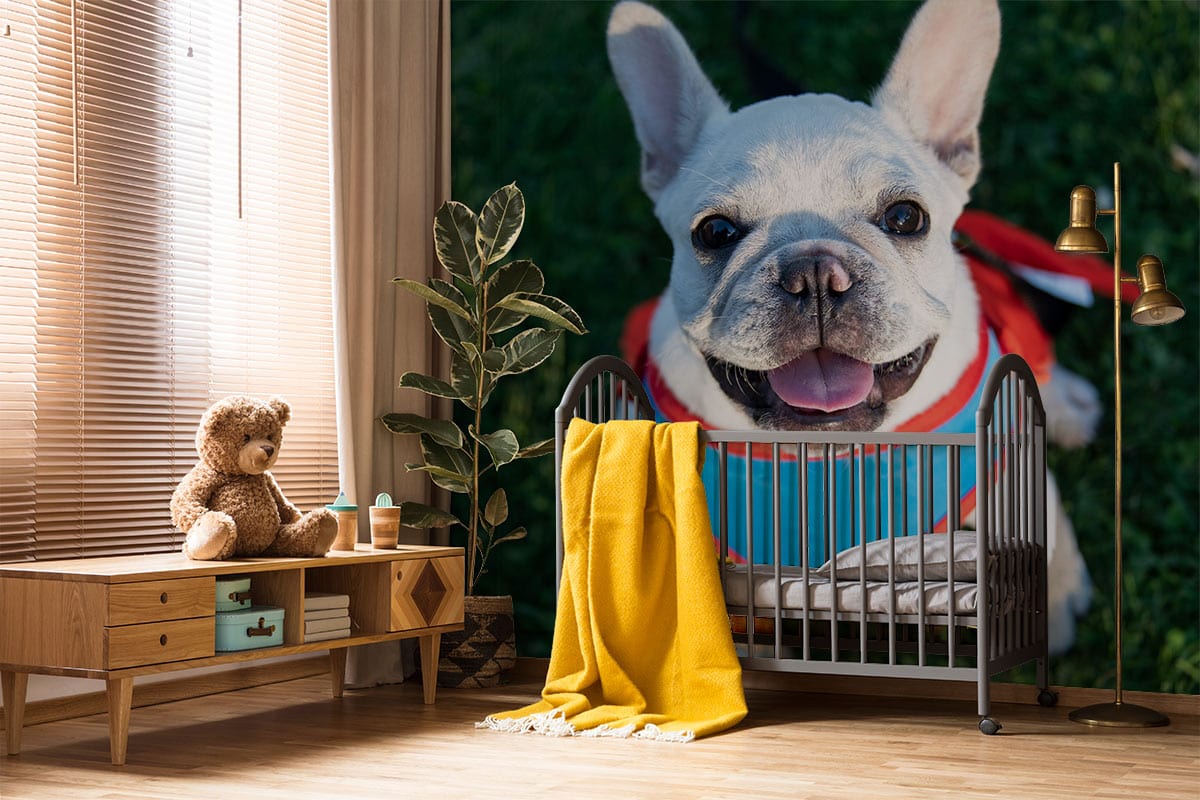 Cosy nursery with green wall, wooden flooring, grey crib, and modern mid-century furniture, yellow blanket.