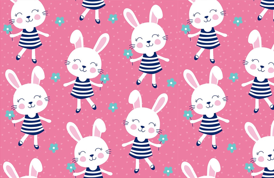 Adorable Pink Bunny Patterned Children's Wallpaper with Stripes and Flowers