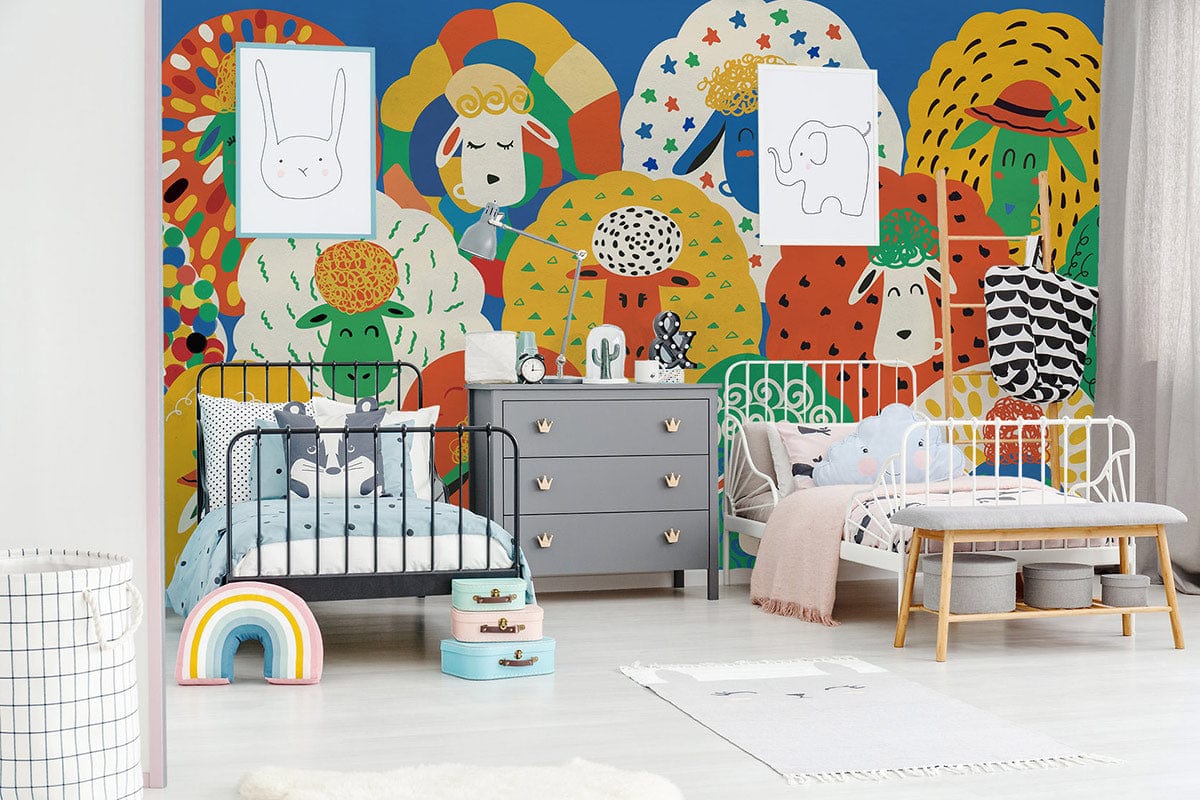 Colourful whimsical sheep wallpaper in kids' room with grey dresser, toddler beds, and playful decor.