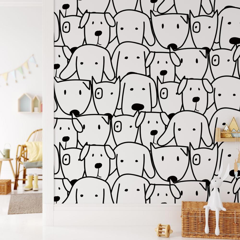 Monochrome black and white dog-patterned wallpaper in stylish living room with wooden chair and decor.