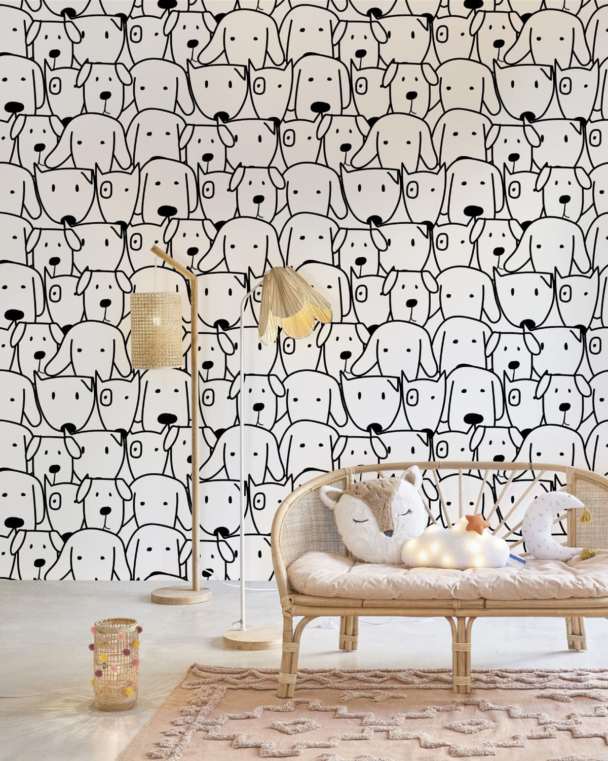 Monochrome dog pattern wallpaper, black and white; wicker furniture, rattan sofa, modern decor, living room.