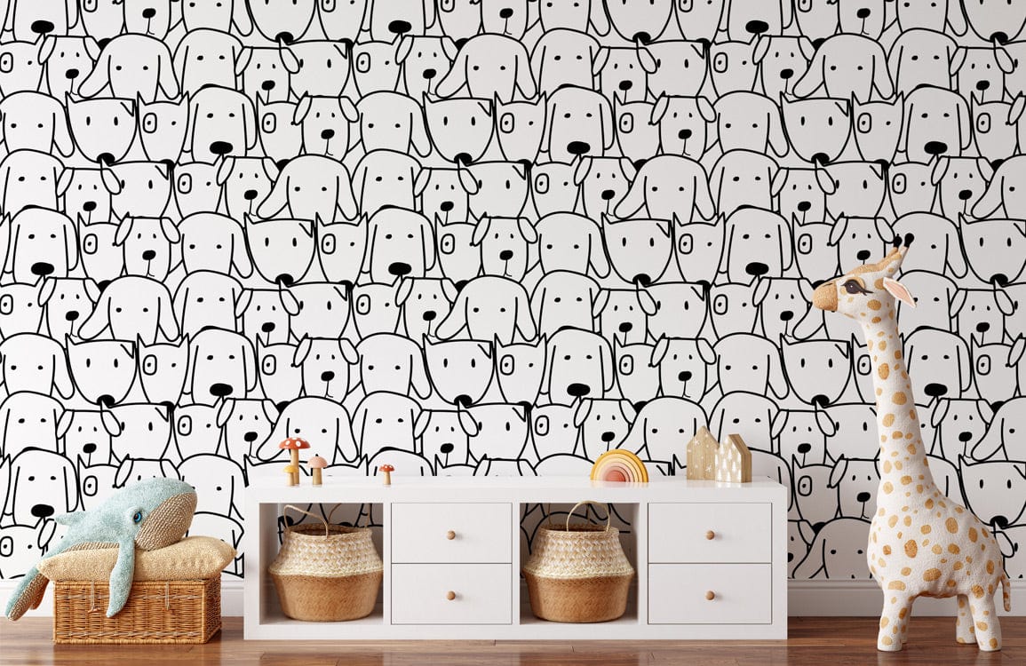 Monochrome Doodle Dog Pattern Wallpaper in nursery with white cabinet and hardwood flooring.