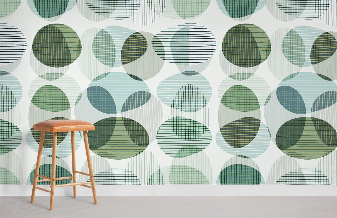 Abstract Geometric Green Circles Wallpaper with wooden stool, modern design in living room setting.