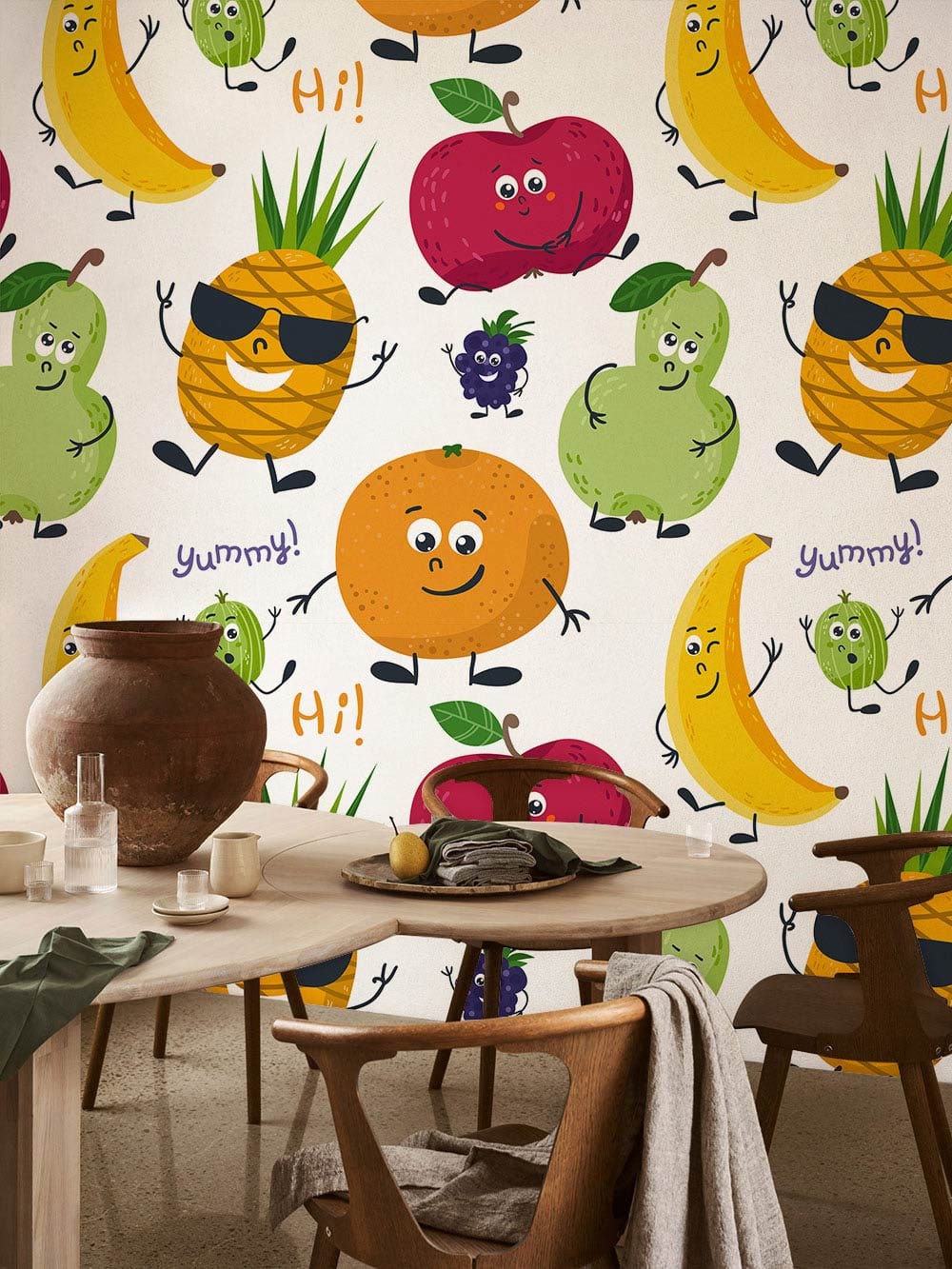 Playful Fruit Cartoon Wallpaper in kids' room with wooden dining table and modern chairs, carpeted floor.