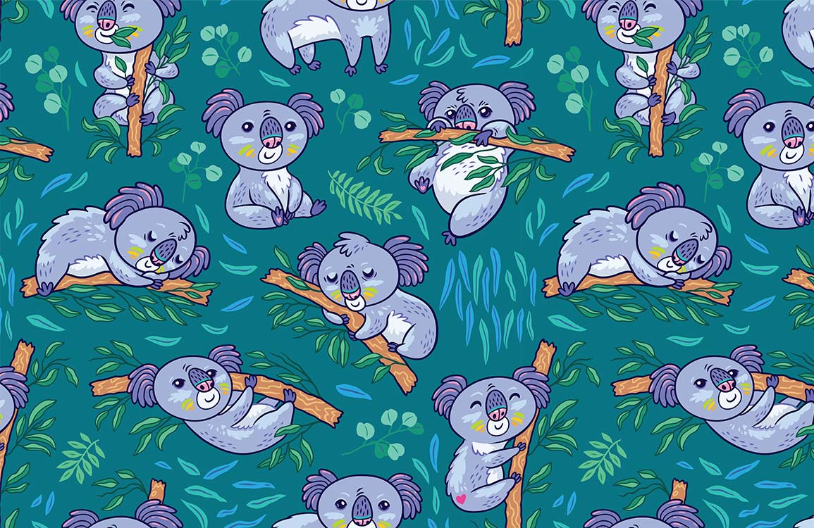 Playful Koala Adventure Kids' Mural Wallpaper - Blue and Green Delight