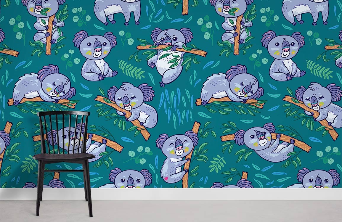 Playful Koala Adventure Kids' Mural Wallpaper, blue-green theme, black chair, wood flooring, kids' room.