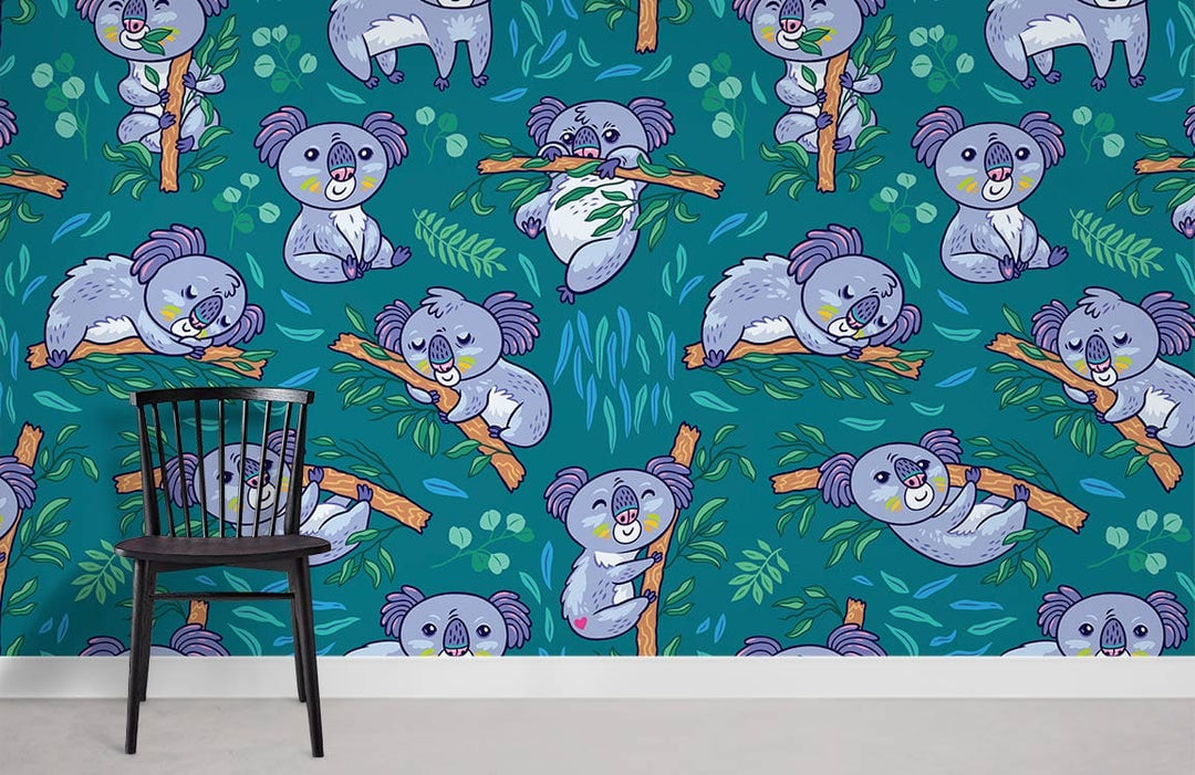 Playful Koala Adventure Kids' Mural Wallpaper, blue-green theme, black chair, wood flooring, kids' room.