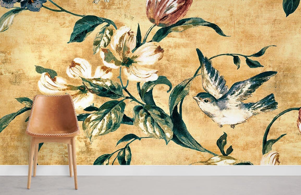 Vintage floral bird wallpaper with tan leather chair on cream wall, botanical mural Décor setting.