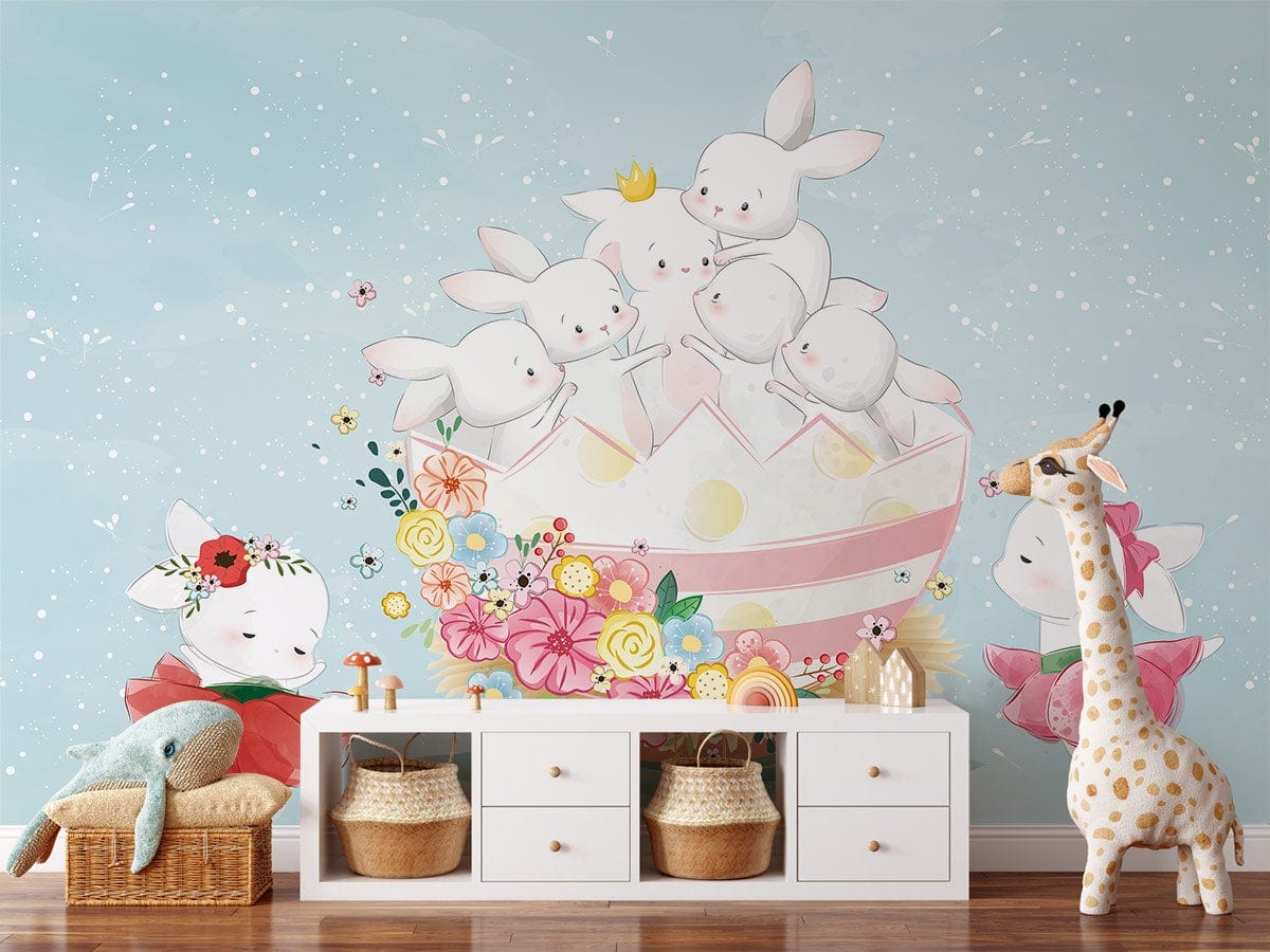 Pastel Spring Bunnies Children's Mural Wallpaper; floral accents, white storage unit, wicker baskets, giraffe decor.