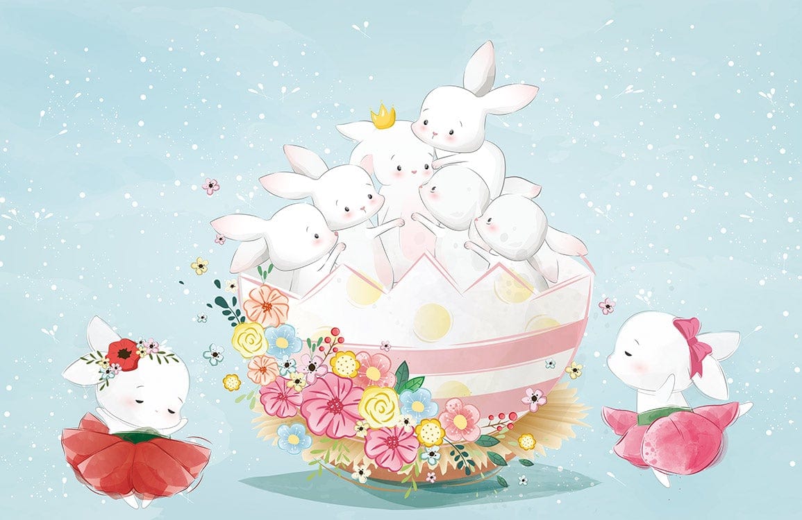 Pastel Spring Bunnies Children's Mural Wallpaper with Floral Accents