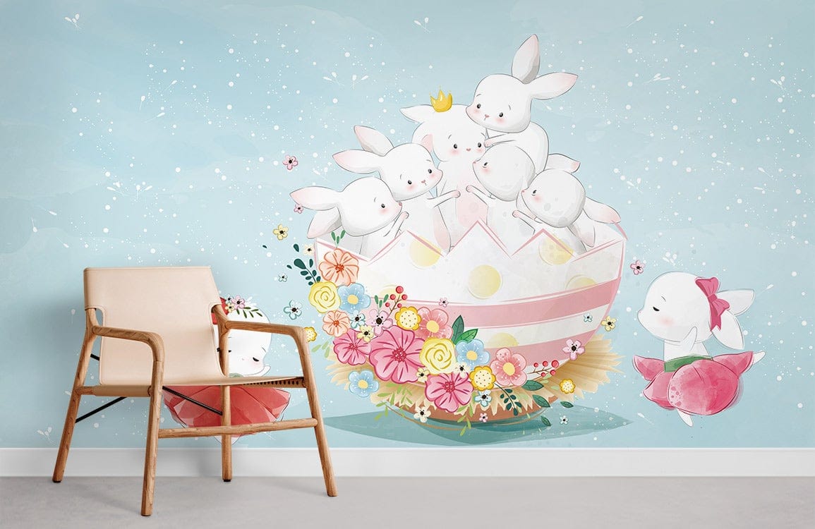 Pastel Spring Bunnies Mural Wallpaper in children's room with floral accents, wooden chair, grey flooring.