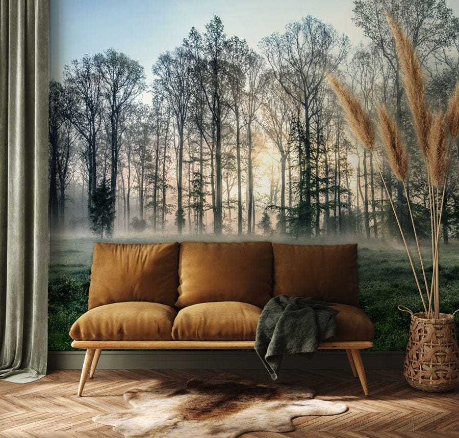 Brown sofa with grey throw, Misty Woodland Sunrise mural, herringbone floor, in serene lounge setting.