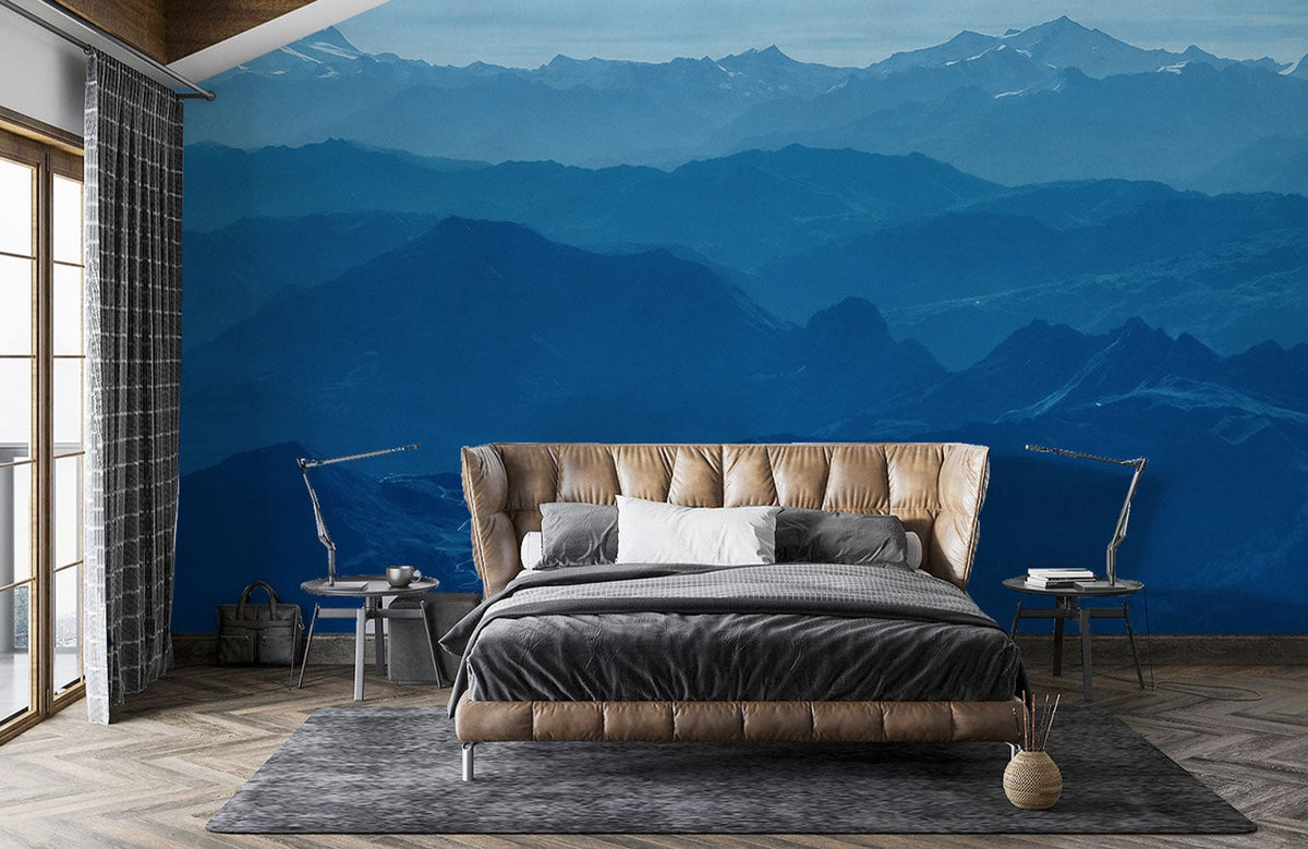 Elegant bedroom with Serene Blue Mountain Landscape Wallpaper, tufted bed, checkered curtains, and wooden floor.