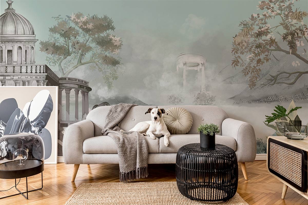 Serene Pastel Fantasy Mural Wallpaper with Roman architecture, grey sofa, herringbone flooring, living room.