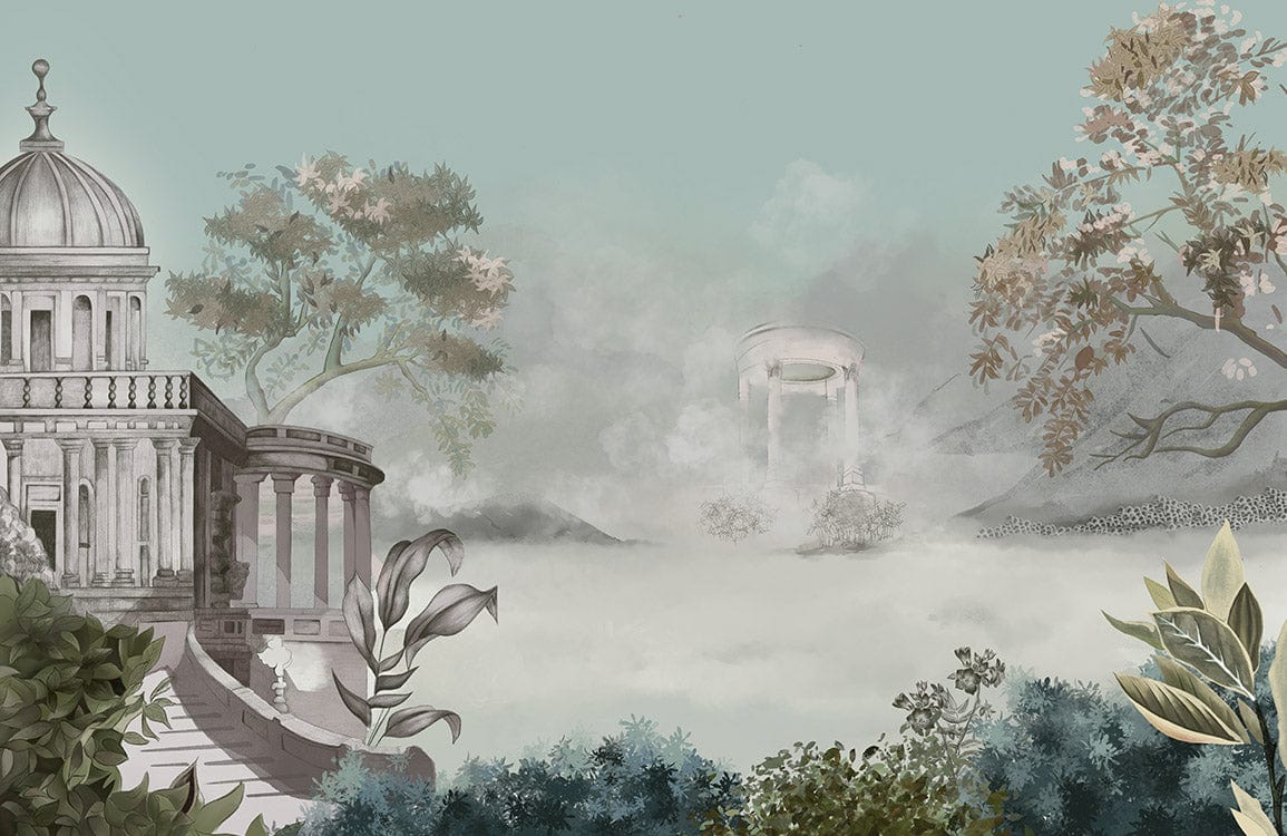 Serene Pastel Fantasy Mural Wallpaper with Classical Roman Architecture Scene