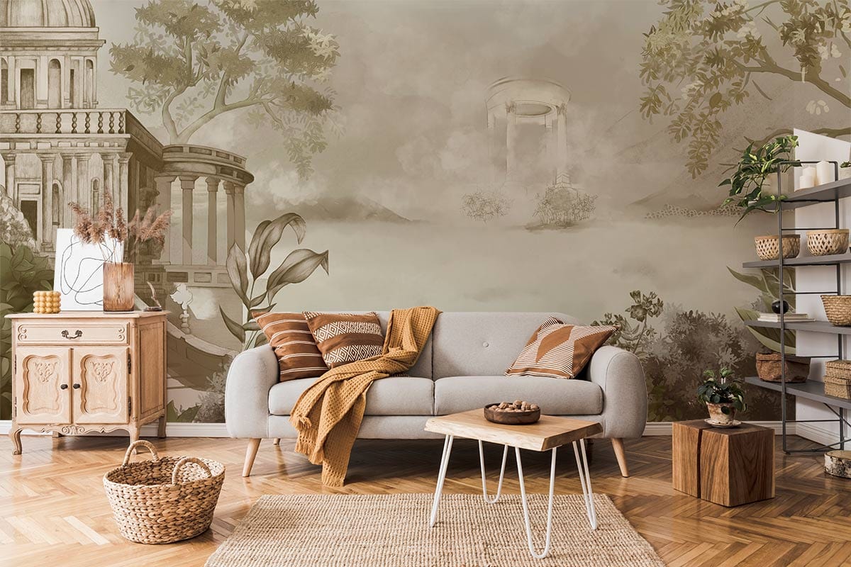 Majestic Sepia Dreamscape mural wallpaper; grey sofa; wooden flooring; rustic shelving; classic living room elegance.