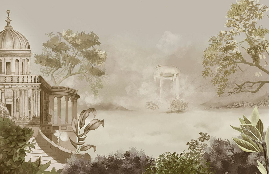 Majestic Sepia Dreamscape: Classical Architecture Mural Wallpaper in Timeless Elegance