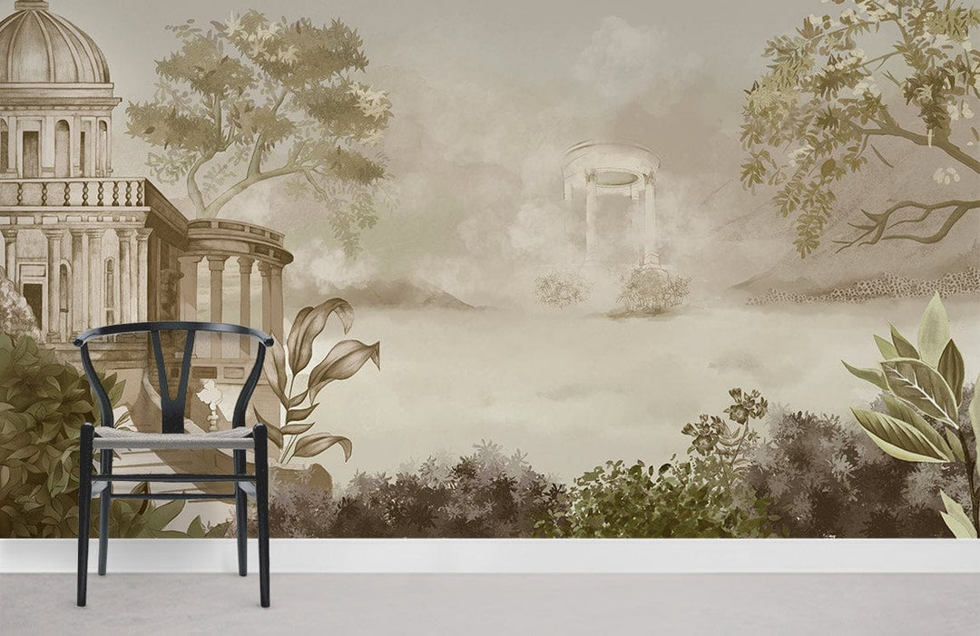 Majestic Sepia Dreamscape mural wallpaper features classical architecture and greenery with a stylish black chair.