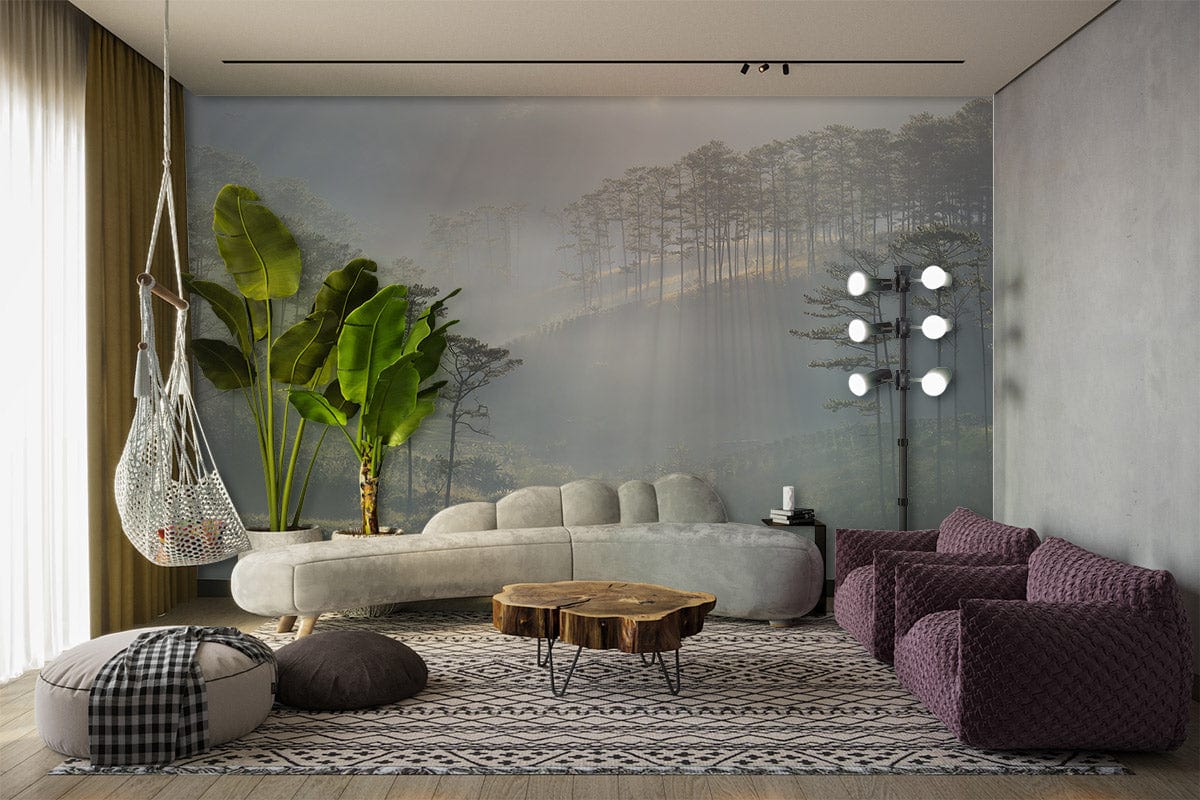 Misty Forest mural wallpaper with sunlit pines, beige sofa, purple armchairs, wooden coffee table, modern Décor.