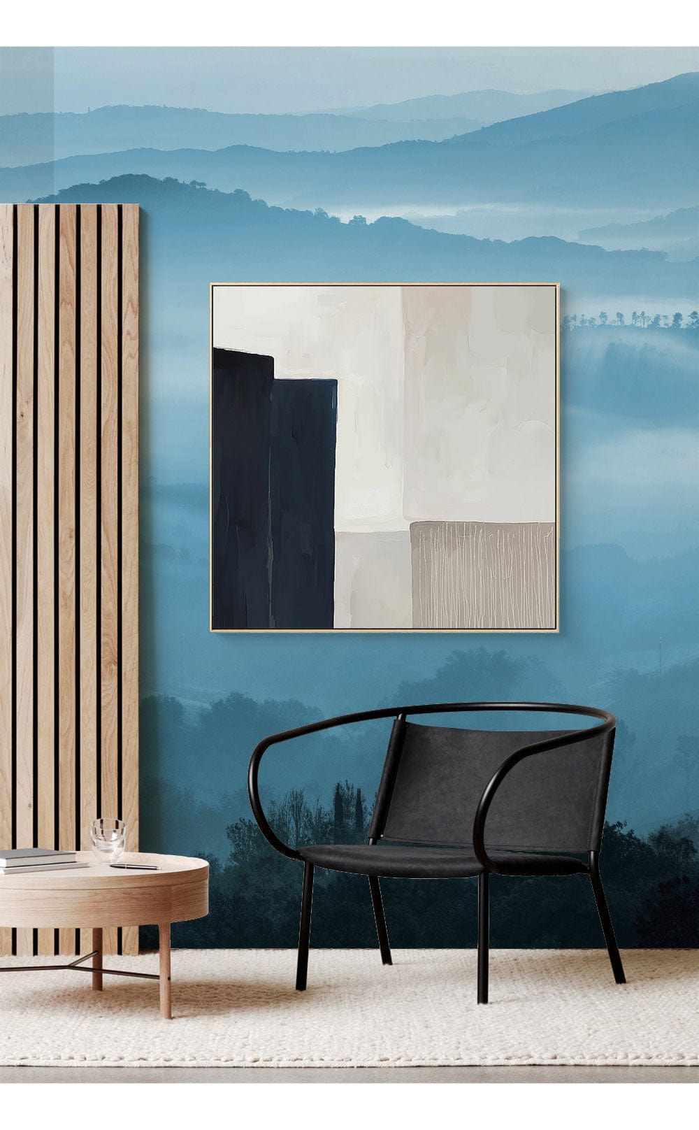 Misty Blue Landscape Mural Wallpaper, serene living room, black chair, abstract painting, light wood panelling.