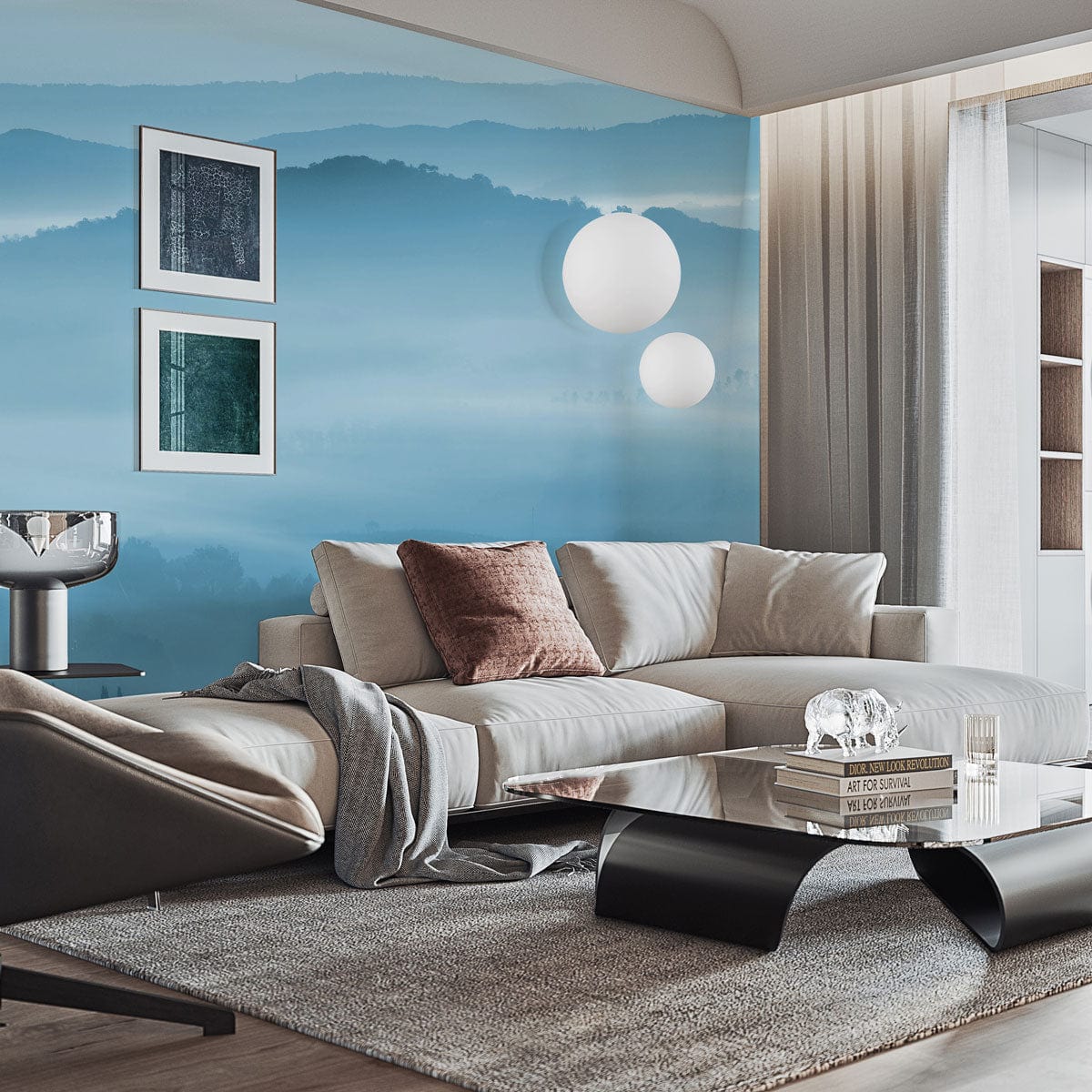 Misty Blue Landscape mural wallpaper in serene living room with beige sofa, modern art, round lights.