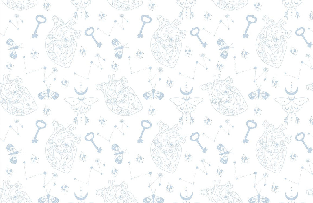 Delicate Blue Vintage Heart and Key Motif Mural Wallpaper Design