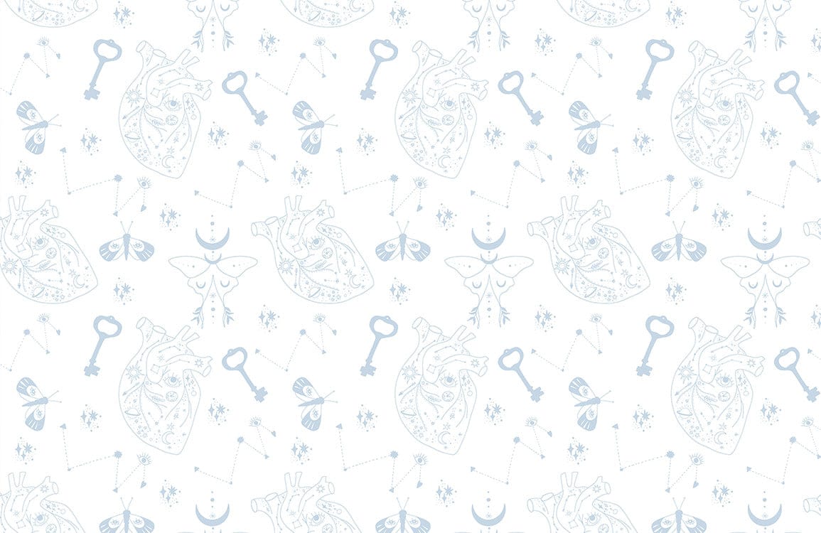 Delicate Blue Vintage Heart and Key Motif Mural Wallpaper Design